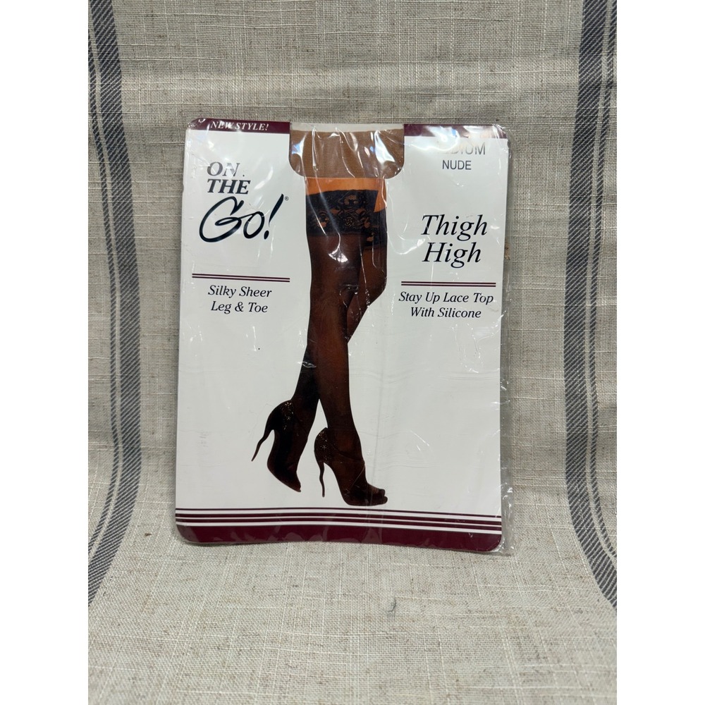 On The Go! Silky Sheer Thigh High Stockings Nude Stay Up Lace Top Silicone Sz M